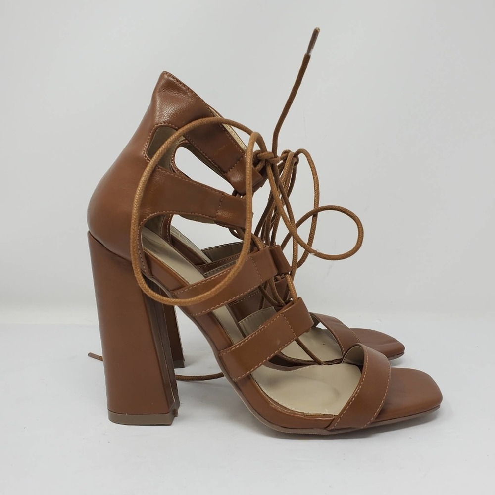 Missguided brown strappy faux leather lace up chunky heels Size 40 - Picture 3 of 7